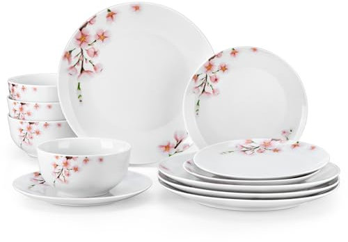 VEWEET Porcelain Dinnerware Sets for 4, 12 Pieces Plates and Bowls Set with Pink Floral, Kitchen Dishes Set Dining Ware for Family, Microwave and Dishwasher Safe, Series ANNIE