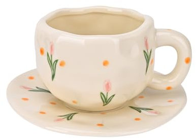 Koythin Ceramic Coffee Mug with Saucer Set, Cute Pink Tulip Flower Cup Unique Irregular Design for Office and Home, 10 oz/300 ml for Latte Tea Milk