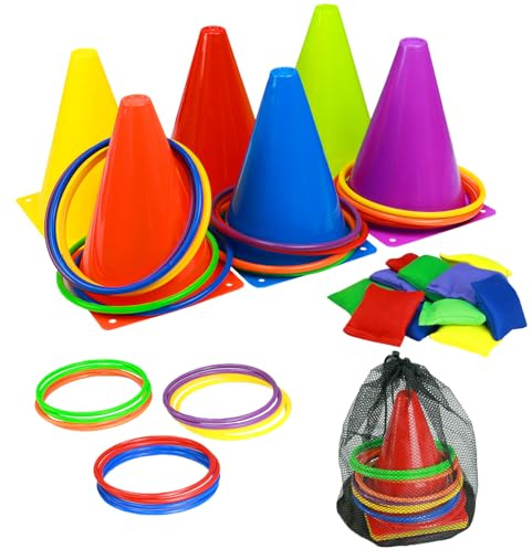 Ring Toss Games Carnival Outdoor Yard Games for Kids,Soft Plastic Cones Bean Bags Play for Children's Birthday Xmas Indoor Family Party Combo Gift Set (31 PCS)