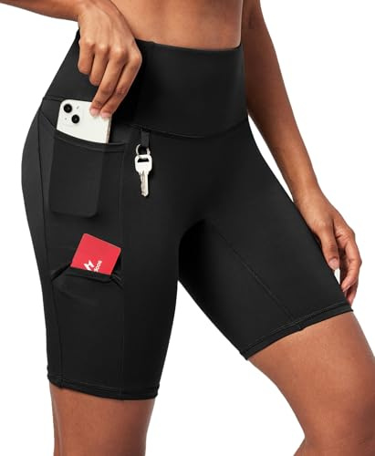 Ewedoos Biker Shorts Women Tummy Control with 4 Pockets No Front Seam Hiking Workout Spandex Shorts High Waisted UPF50+ Black