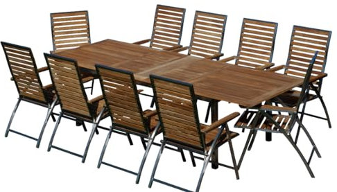 ALEOS. Gartengarnitur Edelstahl A-Grade Teak Set: Ausziehtisch 200 auf 240 auf 280 cm x 100 cm + 10 Teak-Edelstahl klappbare Hochlehner, Sitzgruppe - Premium Gartenmöbel 10 Personen wetterfest Nassau