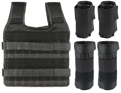 Gilet da 15KG con Pesi per le Gambe 6 Kg e per le Braccia da 5 Kg, Gilet da Allenamento Regolabile con 32 Tasche, Tessuto a Rete, Spallacci Ammortizzanti, Resistente (Senza Contrappeso)