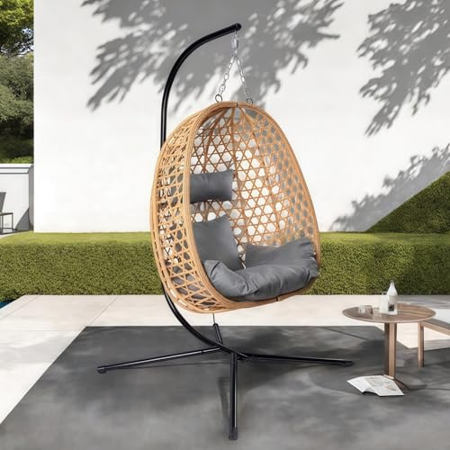 LHBCraft Hanging Egg Chair with Stand, Patio Wicker Swing Chair, Hammock Style with 350LBS Capacity for Bedroom, Balcony, or Garden (Yellow-Grey)