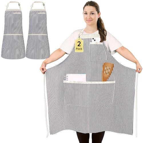 FunChaos 2 Pack Plus Size Stripe Kitchen Apron, Adjustable Chef Apron with 3 Pockets, Large Bib Cotton Aprons for Men Women, Cooking Aprons for Gardening Baking BBQ Painting Restaurant, White