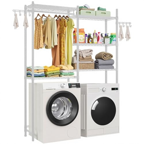 VEVOR Estante de Almacenamiento para Lavadora y Secadora, Tendedero de 5 Niveles con Barra y Ganchos, Estantes Ajustables de Dos Filas para Lavadora, Ahorra Espacio para Lavadero, Color Blanco