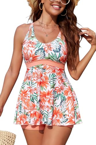 SHEKINI Tankini Dam magkontroll baddräkt push up topp med badshorts badmode set tvådelad sommar tryck baddräkter racerback strand semester fritid, Orange-rosa blommor, L