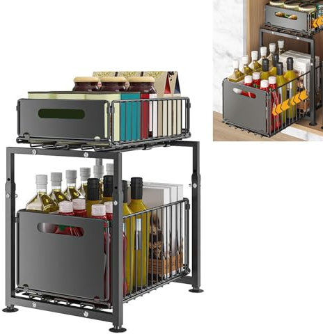 Gebrazy Rangement sous Évier en Métal à 2 Niveaux, Coulissant Organisateur Sous Evier, Organiseur Hauteur Réglable, Rangement Produits Menagers, Rangements Cuisine, pour Cuisine, Bureau, Bain