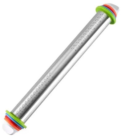 Rouleau à pâtisserie en acier inoxydable avec anneaux d'épaisseur amovibles pour pâtisserie, fondant, pizza, biscuits, pain, croûtes, pâte à pâtisserie pour pâte d'une épaisseur de 34,5 cm avec 4