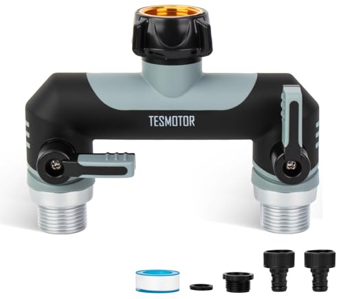 Tesmotor Distribuidor en T de 2 vías para grifos, 2 distribuidores de 3/4 Pulgadas, Adaptador con válvula de Bola para Ajustar y Cerrar el Flujo de Agua