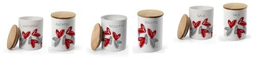 UTILISSIMI EDITACASA Set Barattoli in Ceramica, Contenitori per Sale, Zucchero e Biscotti con Tappo in Legno, Decorazione Love Me, Biscottiera 13x17 cm, Barattoli 10x13 cm