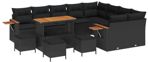 vidaXL 5 Delat Trädgårdsoff set Med Kuddar Svart Poly Rattan Trä Bord Utomhusmöbler För Patio Och Balkong Modulsoffa Sittande Loveseat Sektionell