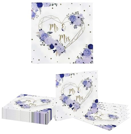 Kotkiddy 20 Stück Herr und Frau Hochzeitsdusche Servietten, Blau und Weiß Blumen Herzen Geometrische Party Servietten für Hochzeitsbraut Party Dekorationen