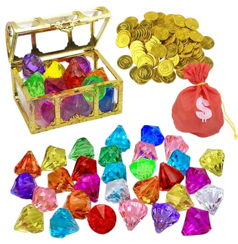 Wrbugukeji Pirate Treasure Chest Box, 62 Pcs Colorful Diamond with Pirate Treasure Chest Box, Treasure Chest for Swimming Pool Party Favors Birthday Gift