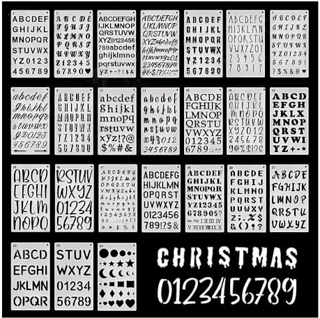 HMCEY 24 Pezzi Stencil Lettere e Numeri 15 X 25 CM,Stencil per Pittura per Bullet Journal,Stencils per Mobili Cucina,Stencils per Pareti Simboli Riutilizzabili per Scrapbooking, Vernice Spray