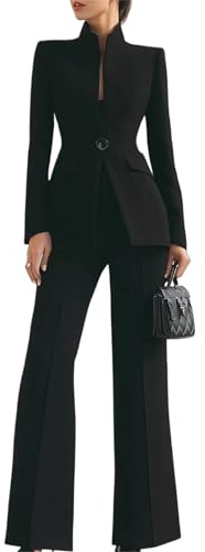 Womens 2 Piece Business Suit Mock Neck Single Button Slim Blazer Wide Leg Pants Set for Work Office Business Casual