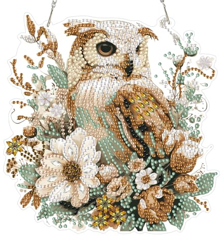 TOSTOG Diamond Painting Hängende Ornament Kit Eule Diamond Painting Anhänger Blumen und Pflanzen 5D Diamant Fensterbilder Beidseitig mit Kette für Party Kranz Tür Fenster Wand Deko (18.9×19.4cm)