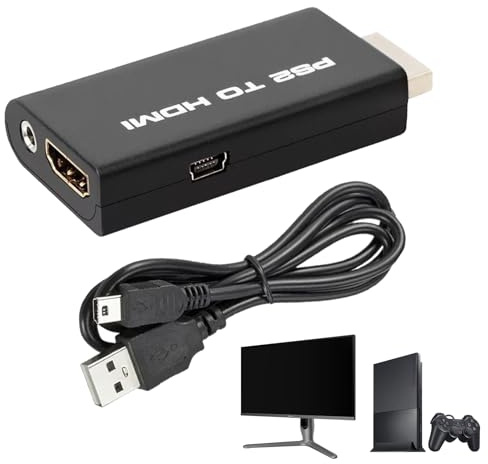 afhgdjr Adaptateur PS2 HDMI,PS2 Adapter,avec Prise de Sortie Audio 3,5 mm,Câble HDMI,Convertisseur pour Jeux HDTV, Projecteur, 480i/576i/480p (YPbPr vers HDMI, Alimentation par USB)
