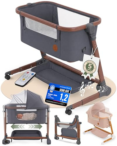 LepiBaby Elektrisches Babybett mit Rollen, Beistellbett Baby Boxspringbett | 5 in 1 Stubenwagen Höhenverstellbar, Reisebett Baby mit Matratze, Babywiege 0 bis 12 Monate, Bassinet mit Musik, MaliDa Grau