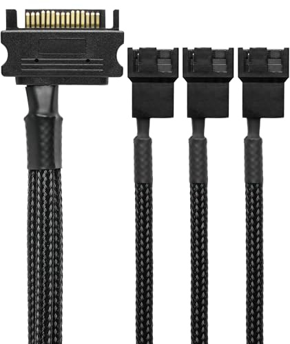 CRJ 15-Pin SATA to 3 PC Fan Power Adapter Cable - 12-inch (30cm), Black Sleeved - Power Up to Three 3-Pin & 4-Pin Computer Cooling Fans from an ATX 15-Pin SATA Power Connector (12V - Full Speed)