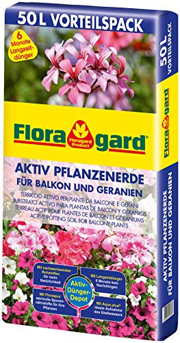 Floragard Aktiv Pflanzenerde für Balkon und Geranien 50 Liter - mit 6 Monate Langzeitdünger
