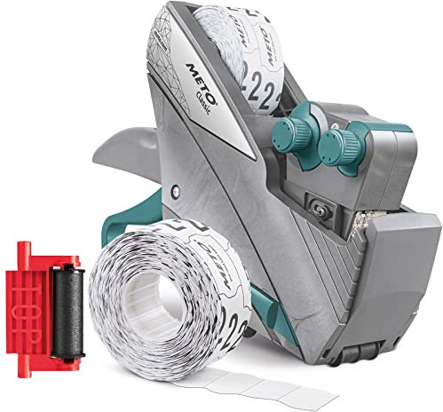 Meto Original Classic XL Giant Preisauszeichner Set – Preis, Rabatt (2-zeilig, 18-stellig für 29 x 28 mm Etiketten, sofort einsatzbereit), 1x Handauszeichner, silber-teal
