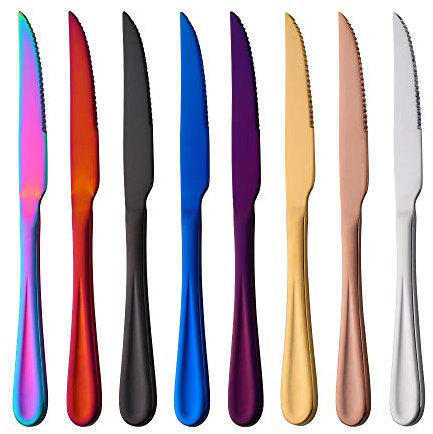 SBOMHS Tafelmesser Bunt mit Wellenschliff Menümesser Besteck Messer Edelstahl 8 Farbige Steakmesser Set Länge 22,8 CM(9 Inch)