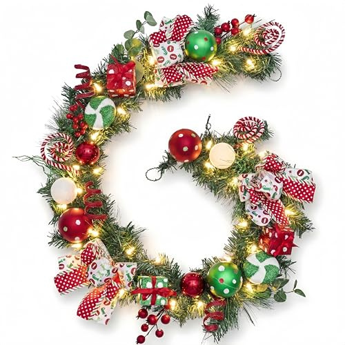 Valery Madelyn 6 Feet Pre-Lit Christmas Garland with Lights for Mantle, Lighted Outdoor Xmas Garland with Red Green White Balls & Bows for Home Stairs Fireplace Table Centerpiece Indoor Holiday Decor