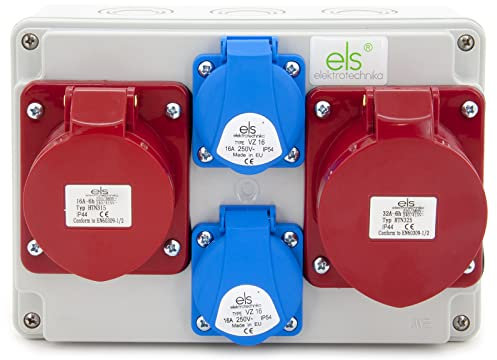 ELS Elektrotechnika Distributore di corrente da parete 2 x 230 V Schuko + 1 x CEE 32 A + 1 x CEE 16 A, distributore di corrente per interni ed esterni, officine e fabbriche