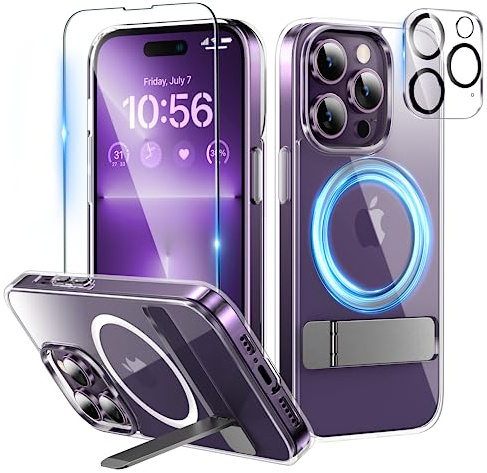 Niunisi Magnetic Case für iPhone 14 Pro Hülle 6.1-Zoll (2022), Slim Ständer mit Bildschirmschutz Kompatibel mit Magsafe Handyhülle Stoßfeste Klar Schutzhülle Phone Case Cover, Klar