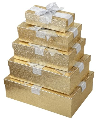 Deco Woerner Geschenkboxen-Set mit Schleifen 5 Stück Gold glitzernd von 17 x 8 x 5 cm bis 30 x 21 x 9 cm (L x B x H) Geschenkverpackung Aufbewahrung