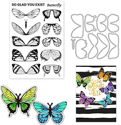 ORIGACH Schmetterling Stempel und Stanzschablonen Set für Kartenherstellung Schmetterling Metall Prägeschablonen und Klarer Stempel für DIY Scrapbooking Fotoalbum