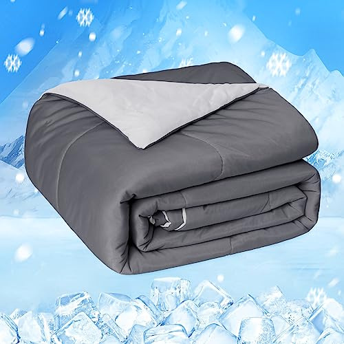 HOMFINE Cooling Comforter Japanese Double-Sided Cold Tech Fabric Cooling Blanket for Night Sweats Hot Sleepers, Q-Max 0.45 Soft Breathable Silky Smooth Lightweight Grey Summer Comforter Queen