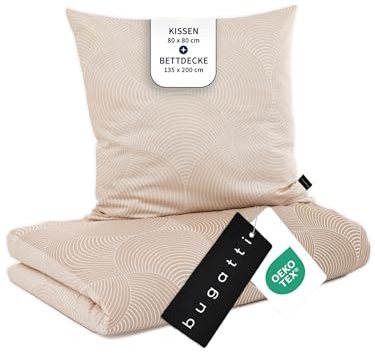 bugatti Bettwäsche 135x200 cm - 100% Baumwolle, Reißverschluss, anschmiegsam, weich & waschbar, Mako Satinbettwäsche Kreise grafisch beige