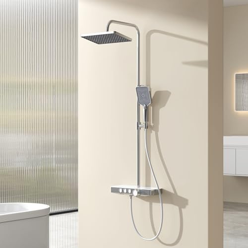 EMKE Design Duschsystem mit Thermostat Duschsystem Regendusche, 45cm Thermostatische Platte Duschsäuleset,Handbrause 3 Strahlarten,Regendusche mit Armatur,Chrom