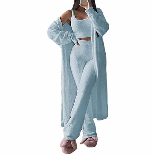 tinetill Schlafanzug Damen 3-teilige Pyjama Sets Fleece Pyjama Strickset Lounge Set Loungewear Outfits Crop Tops Hoher Taille Hose Fluffy Pyjama Homewear Winter Warm
