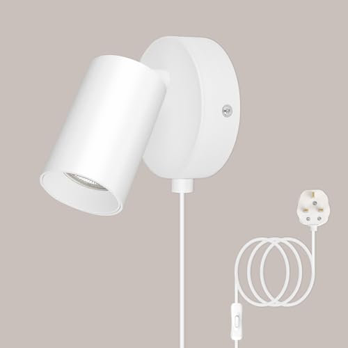 TaFiCo White Plug in Wall Light with Switch - GU10 Modern Wall Light Plug in Cord 350° Rotatable - 7W Indoor Wall Sconce Lights for Bedroom Living Room Kitchen Desk - Bulb Not Included