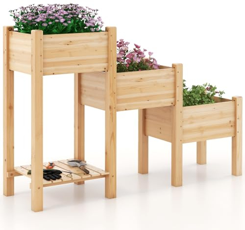 COSTWAY Hochbeet 3 Etagen, erhöhtes Gartenbeet mit Ablage, Pflanzkasten aus Holz, Pflanzenbeet mit Entwässerungslöchern, Frühbeet für Balkon Garten Terrasse, 161x43x104cm, Natur