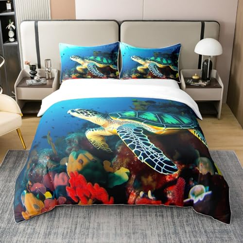 Tropical Hawaii 100% Bio-Baumwolle Bettbezug für Kinder Jungen Mädchen,Costal Sommer Ozean Bettwäsche Set,Unter Meer Korallen Fisch Tröster Abdeckung,Schildkröte Bett Sets mit 2 Kissenbezüge,200x200