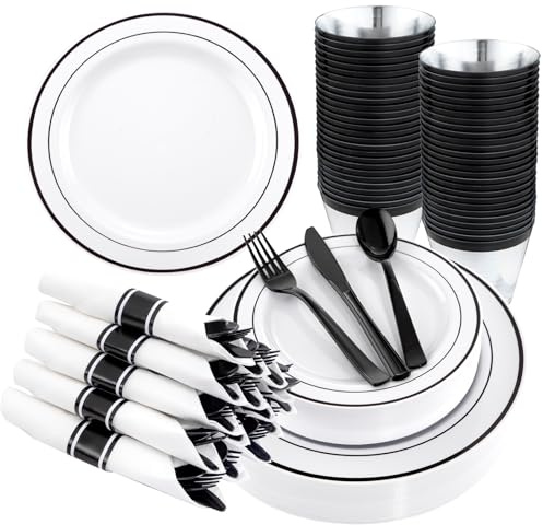 WELLIFE 350Pcs Black Plastic Dinnerware with Pre Rolled Napkins, Include:50 Dinner Plates, 50 Dessert Plates, 50 Paper Napkins, 50 Cups, 150 Plastic Cutlery