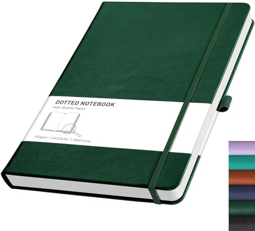 RETTACY Dotted A4 Notebook Journal -192 Pages Note Book for Bullet, Hardcover Leather Notepad with Pen Loop for Women Men Work Office School (21.5 x 27.9cm)-Dark Green