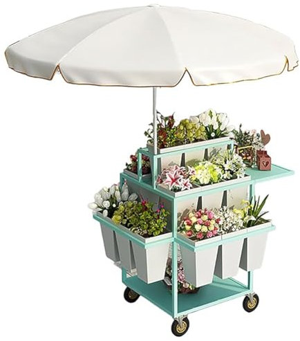 Blumenständer Im Freien, Mobile Metall Blumenwagen Dekorativer Gartenpflanzenstand Für Florist, Patio Garden, Hochzeiten Party Mit Sonnenschirm Und 18-teiligem Blumeneimer(Grün)