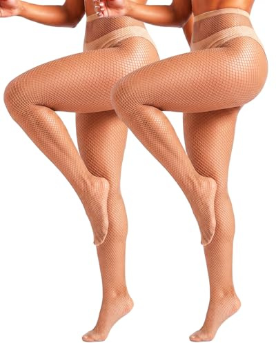 ZINTEDI 2 Pairs Womens Fishnet Stockings High Waist Tights Fishnets Fishnet Tights for Women (Nude 2x)