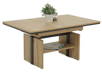 Hela Tische, Funktionscouchtisch Ingo, Holzwerkstoff melaminbeschichtet, Artisan Eiche-Dekor, ausziehbar 110-150cm, höhenverstellbar mit Lift 53-72cm