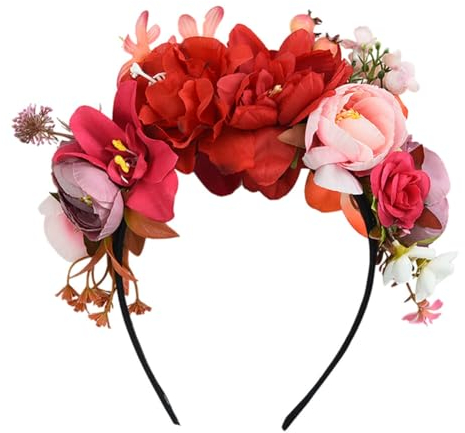 Huamengyuan Damen Vintage Haarband Hochzeit Blumenstirnband Blumenmädchen Damen Haarband Blumen Mädchen Blumenkrone Blumenkranz Haare künstliche Blumen für Frauen Hochzeit Party Rot