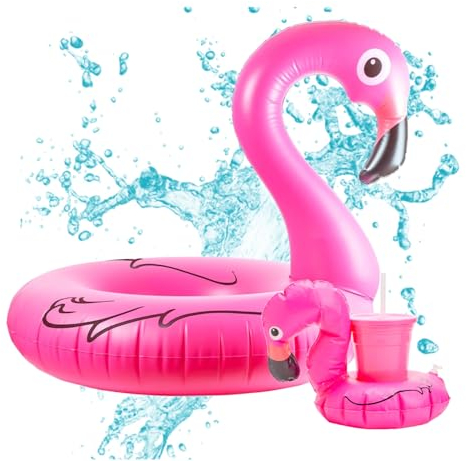 1x Aufblasbar Flamingo Schwimmring - pink mit 1x Getränkehalter - Pool & Wasser - Luftmatratze für Pool für Kinder & Erwachsene (1x Flamingo Schwimmring + 1x Getränkehalter)