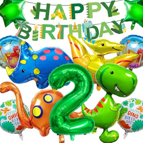 Hierein Dino Geburtstag Deko 2 Jahre, 12 Stück XXL Dino Deko Kindergeburtstag, Dinosaurier Folienballons Geburtstagsdeko Jungen für 3 Jahre Kinder, Dschungel Party Geburtstag Dekoration