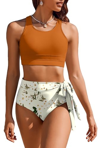 AI'MAGE Damen Bikini Oberteil Große Brüste Blumenmuster Sexy Zweiteiliger Badeanzug Swimsuit High Waisted Sport Bikinis für Damen, Karamell Orange, XXL