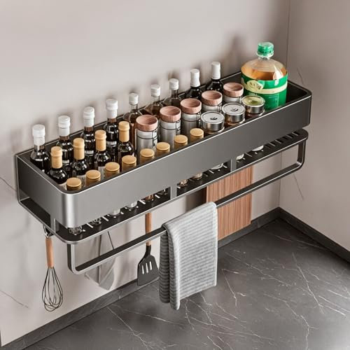 Frekibaz Gewürzregal ohne Bohren,Küchenregal wand,Schwarz gewürzregal Hängend Mit 5 Haken,küchen organizer schublade,küchenutensilienhalter,40cm grau