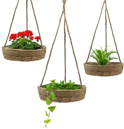 Spetebo Seegras Blumenampel mit Folie 3er Set - Ø 25/23 / 21 cm - Geflochtener Hänge Blumentopf Boho Chic - Hänge Blumentopf Pflanzen Halter Naturmaterial mit Innenfolie