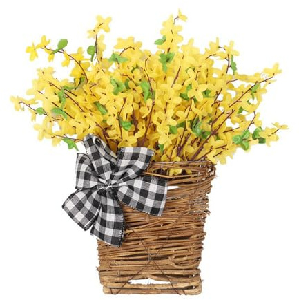 Artificial Forsythia Door Hanger Basket Wreath,Spring Hanging Wreath Front Door Wreath, Fake Forsythia Door Hanging Basket Wreaths for Home Decor (A)